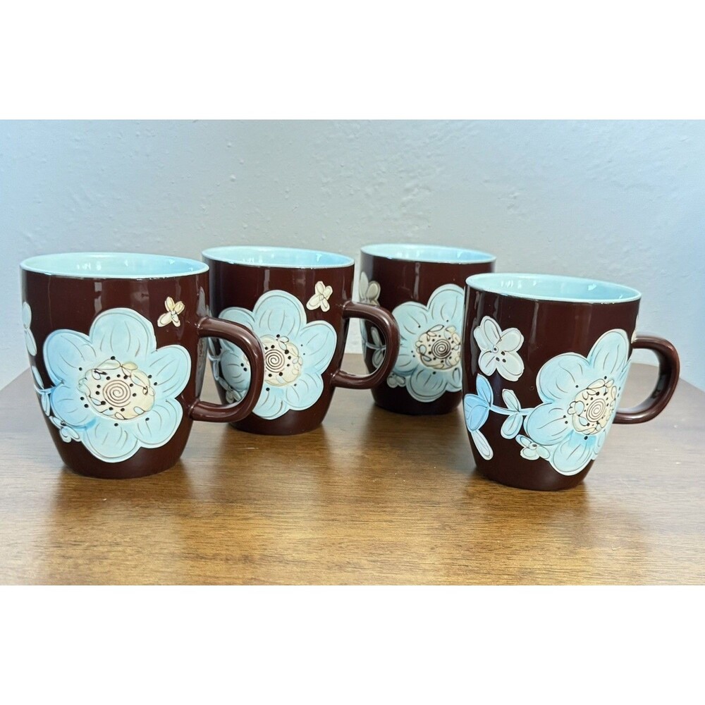 Pier One Cassidy Earthenware Mug Cup Glossy Hand Painted Set of 4 EC